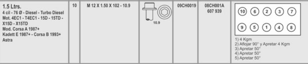 CHEVROLET CORSA COMBO MERIVA 1.7 8V 16V D TD 12X1.50X102 (10) CAB. TORX HEMBRA