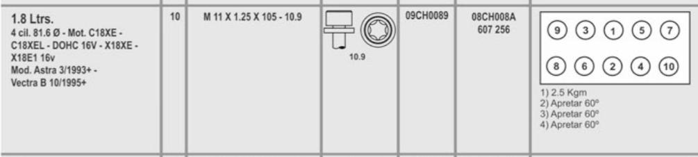 CHEVROLET VECTRA 2.2 2.4 16V ASTRA 2.0 16V GSI ZAFIRA 11X1.25X105 (10) CAB. TORX HEMBRA