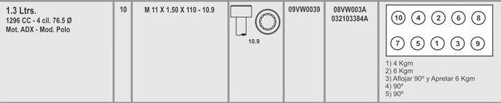 VOLKS. GOL -POLO-GOLF III 1.6 GALAXY 2.0 11X1.50X110 (10) CAB. TORX HEMBRA