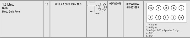 VOLKS GOL GOLF POLO MI 1.6 1.8 INYECCION 11X1.50X106 (10) CAB. TORX HEMBRA