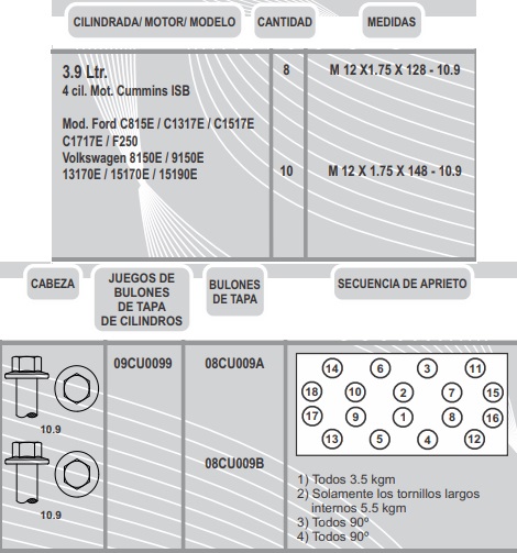 CUMMINS ISB 4CIL 3.9 Lts. (8) 12X1.75X128  (10) 12X1.75X148