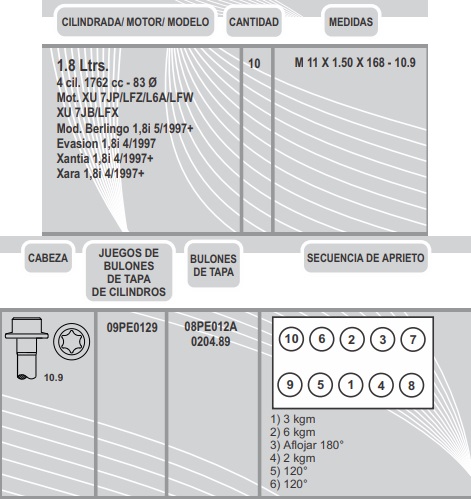 PEUGEOT XU7JP 1.8 8V 206/306/405 11X1.5X168 (10) CAB. TORX HEMBRA