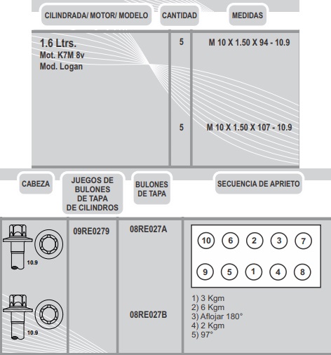 RENAULT K7M 1.6 8V LOGAN SANDERO (5) 10X1.5X94  (5) 10X1.5X107 CAB. TORX MACHO